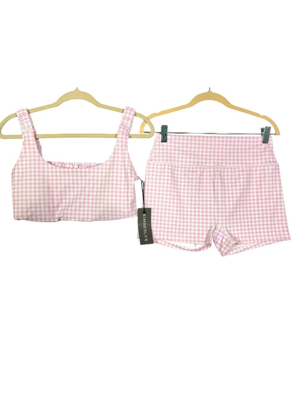 Kimberly C Gingham Activewear Set Pink White Sports Bra Shorts M/L NWT